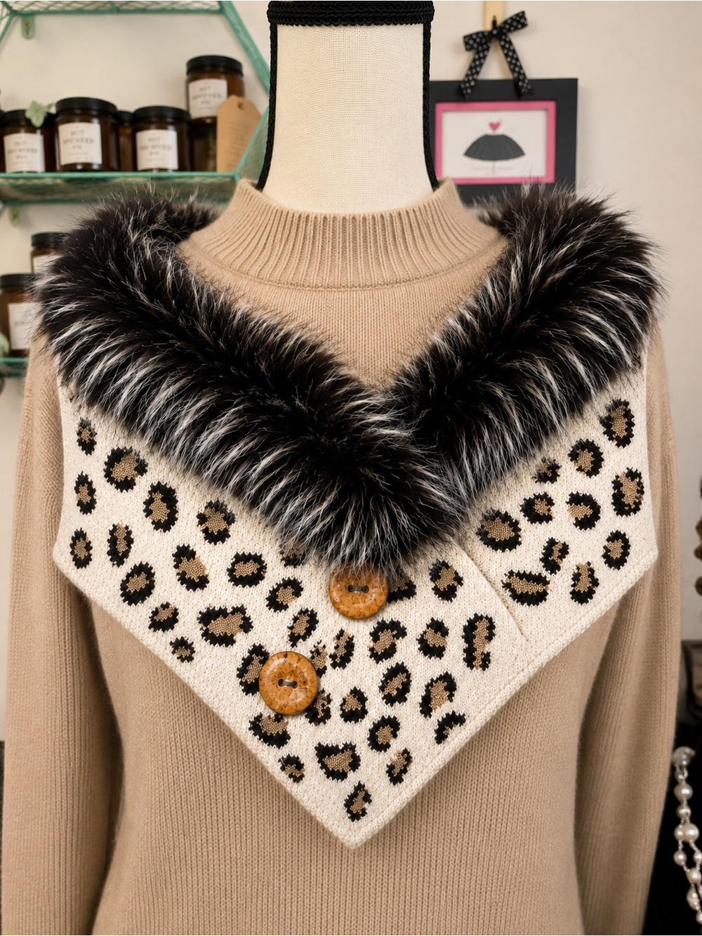 Leopard Print Faux Fur Chenille Triangle Scarf